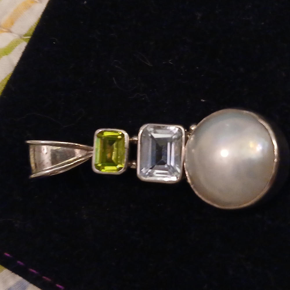 WOMENS SILVER 925 PEARL BLUE GREEN TOPAZ STONES HANDMADE NECKLACE PENDANT 3"